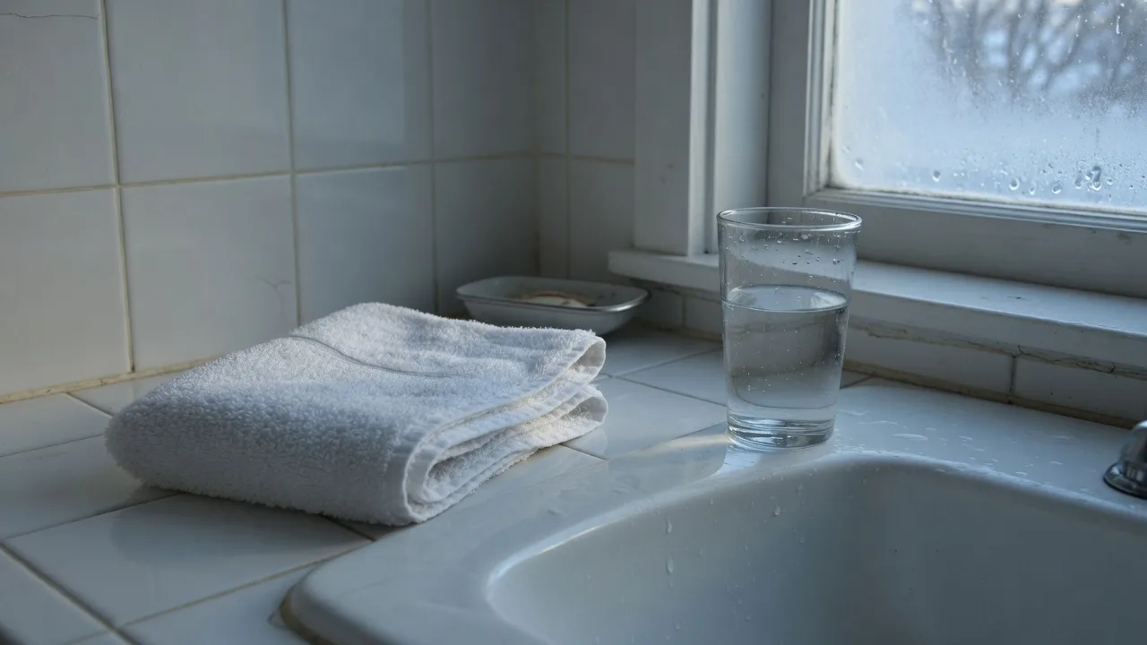 Salle de bain d'hiver, serviette pliée et verre d'eau près d'une fenêtre froide.